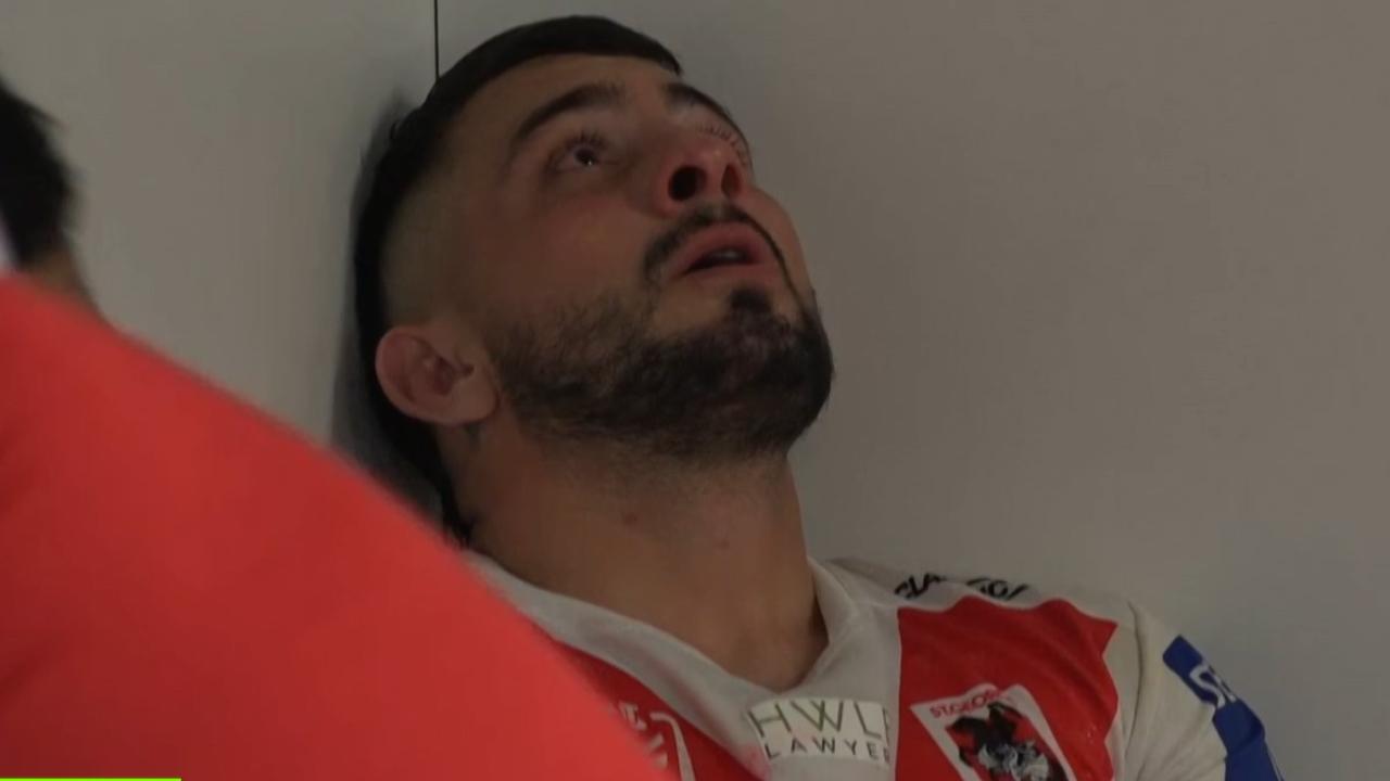 Jack Bird in tears in the Dragons sheds.