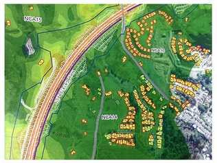 A noise map showing houses in red beyond the RMS noise guideline criteria and the construction footprint in white with the cuttings option. Picture: Janine Watson