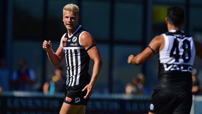 Port Adelaide’s Billy Frampton celebrates kicking a goal in the SANFL with Power team mate Lindsay Thomas. Picture: Tom Huntley