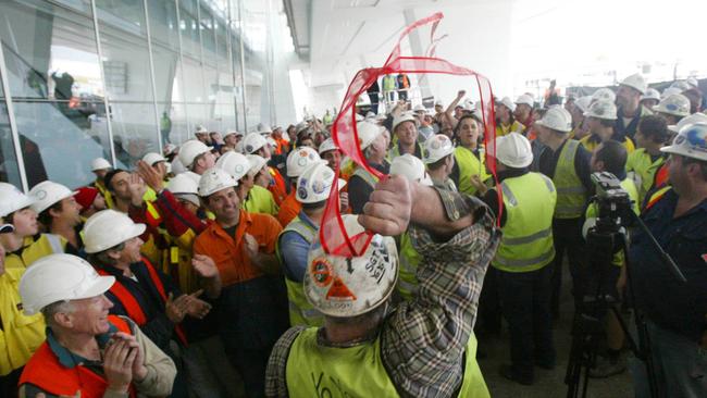 The CFMEUyheld their own opening of Adelaide International Airport after failing to receive invites for all the workers. Picture: Sam Mooy