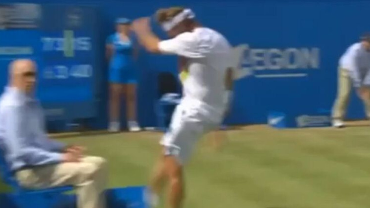 Video still of David Nalbandian reacting as he causes an injury to the line judge for which he was disqualified.