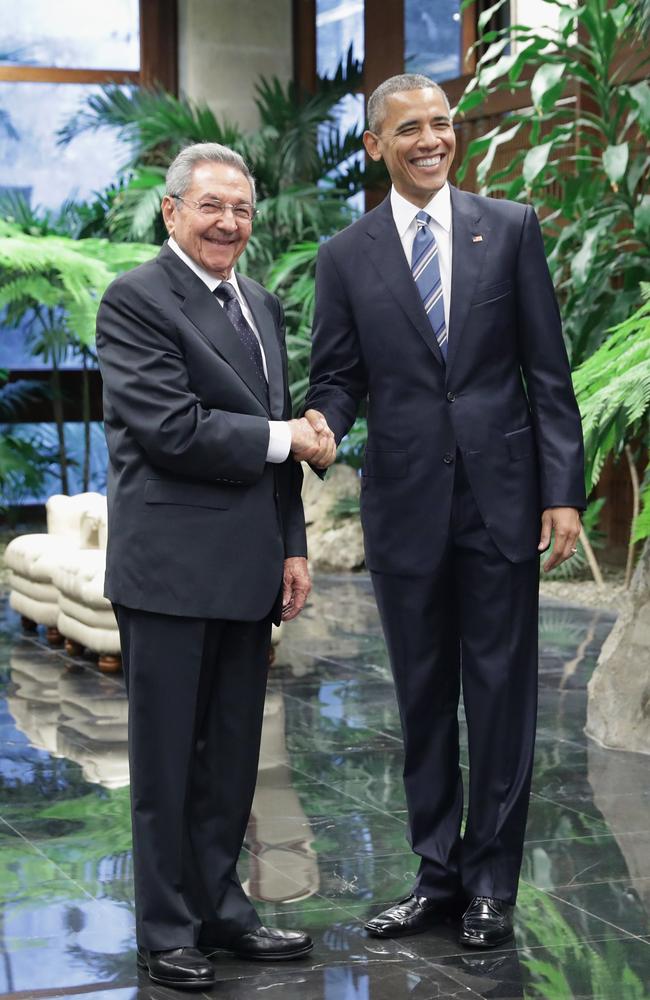 Historic handshake ... US President Barack Obama meets Cuban President Raul Castro. Picture: Chip Somodevilla/Getty Images