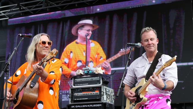 Tasmanian Premier Will Hodgman plays with the Violent Femmes Brian Ritchie during the Mofo Block Party at Inveresk. Picture: CHRIS KIDD