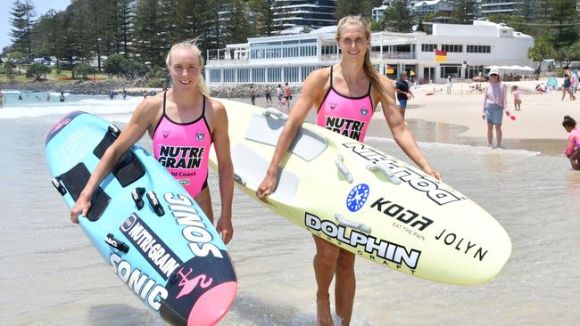 Danielle McKenzie and Harriet Brown preparing for round 2 of the Nutri-Grain series at Burleigh Beach on Thursday morning. Picture: Harvpix