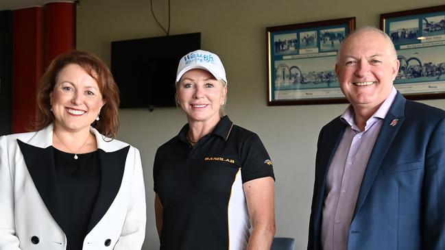 Racing NSW’s new chair Dr Saranne Cooke (left), Wyong trainer Kim Waugh, and Minister for Gaming and Racing, David Harris at Thursday's announcement. Picture: Steve Hart Photographics