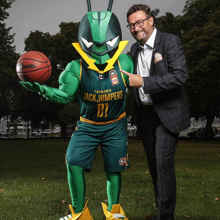 CEO of the Tasmania JackJumpers Simon Brookhouse alongside the JackJumpers mascot for next year's NBL season. Picture: Zak Simmonds