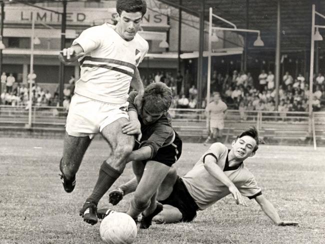 UNDATED : Johnny Warren on ball in undated photo during game at the Gabba in Brisbane. Pic News Limited.HistoricalSoccer A/CT