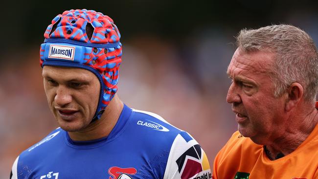 Kalyn Ponga was sent for testing in Canada after he was concussed while making a tackle against the Tigers in Round 2. Picture: Cameron Spencer / Getty Images