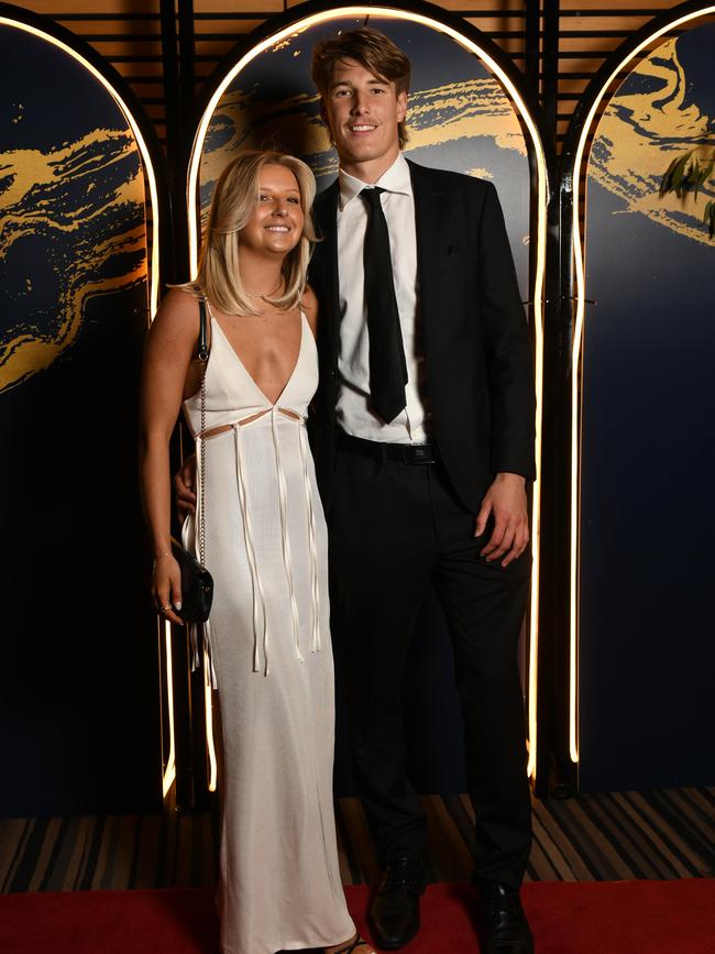 Josh Worrell and Paige Bramley on the red carpet at the Adelaide Crows Club Championship at the Adelaide Convention Centre. Picture: Naomi Jellicoe