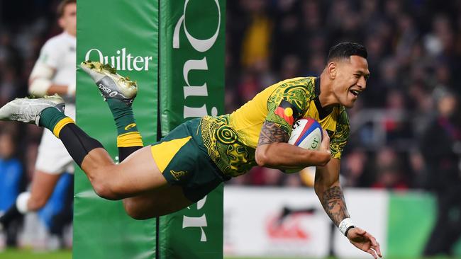 Marsden SHS past student Israel Folau playing for the Wallabies. He was also a Queensland State of Origin star and Kangaroo.                          (Photo by Ben STANSALL / AFP)