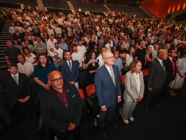 27/2/2025Tony Burke Minister for Home Affairs singing the Australian National Anthem at the event .WA Citizenship ceremony at Perth Convention Centre.Pic Colin Murty