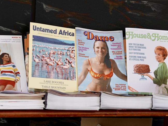 1970s South African magazines in Pirie St for filming “Escape from Pretoria”. Picture: AAP / Mike Burton