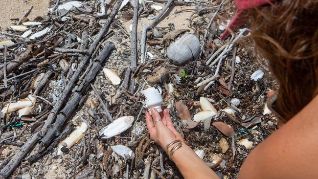 Australian Survivor contestant and marine biologist Laura Wells collecting plastic rubbish from a Whitsunday beach during filming for the documentary in 2020. Picture: Supplied