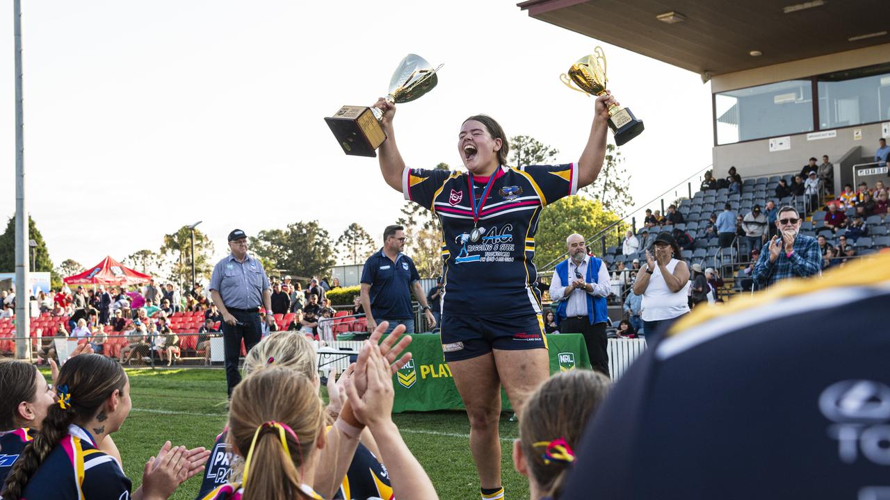 Highfields captain Katelyn Collie lifts the trophy as the TRL Women Premiers after defeating Gatton in the grand final at Toowoomba Sports Ground, Saturday, September 14, 2024. Picture: Kevin Farmer