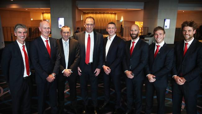 From left, members of the NSW AFL Greatest Team: Brett Kirk, Dennis Carroll, Paul Kelly, John Longmire, Leo Barry, Jarrad McVeigh, Kieren Jack and Dane Rampe. Picture. Phil Hillyard