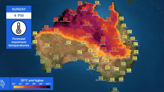 Fitzroy Crossing in WA forecast to reach 40 degrees at 4pm on Sunday. Picture: BOM