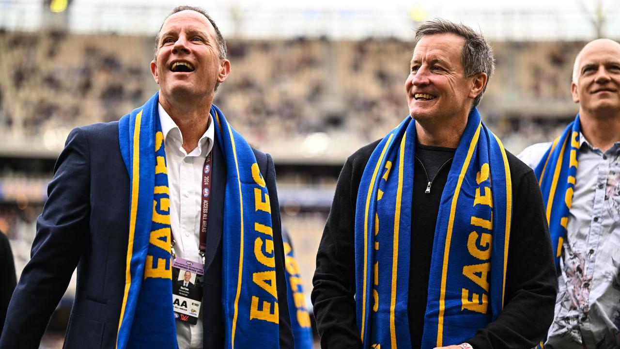 PERTH, AUSTRALIA - JUNE 08: Don Pike and John Worsfold of the 84 Eagles Premiership team during the 2024 AFL Round 12 match between the West Coast Eagles and the North Melbourne Kangaroos at Optus Stadium on June 08, 2024 in Perth, Australia. (Photo by Daniel Carson/AFL Photos via Getty Images)