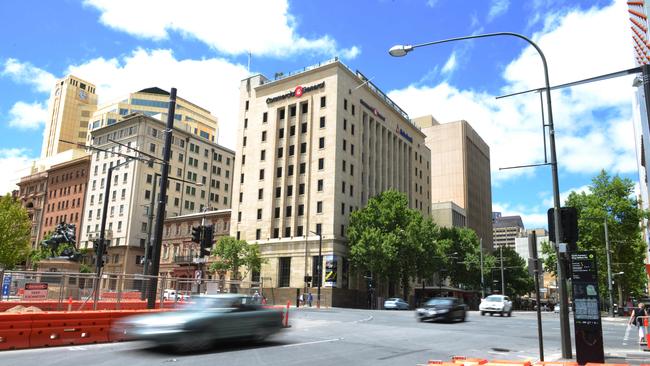 Construction begins on new tram lines on the corner of North Tce and King William St. Picture: AAP / Brenton Edwards