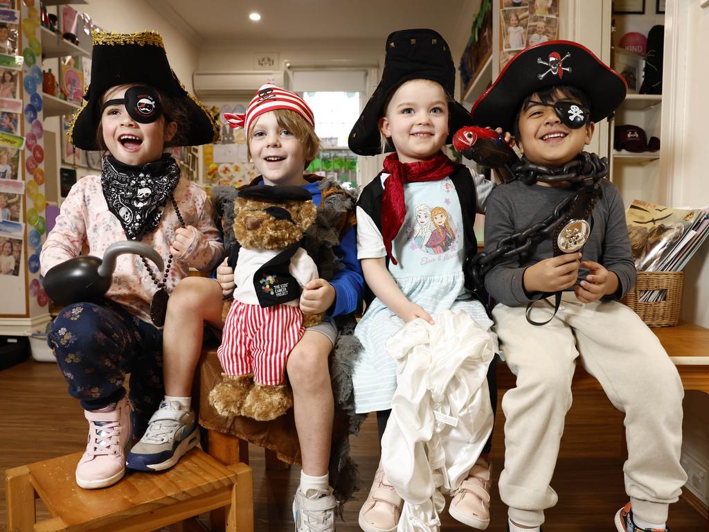 Winnie, Orrin, Scarlett, and Kyrie at Wee Wonders Child Care Centre in Kensington, Sydney, dress as pirates ahead of Pirate Day on May 17 as part of Brain Cancer Awareness Month. Picture: Richard Dobson