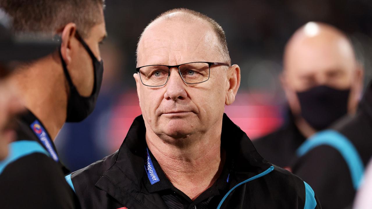 ADELAIDE, AUSTRALIA - JULY 23: Ken Hinkley, Senior Coach of the Power during the 2022 AFL Round 19 match between the Port Adelaide Power and the Geelong Cats at Adelaide Oval on July 23, 2022 in Adelaide, Australia. (Photo by James Elsby/AFL Photos via Getty Images)