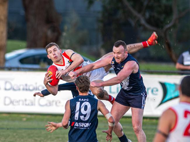 Shannon Gladman takes a spectacular mark against Edi-Asp. Picture: David Caspar