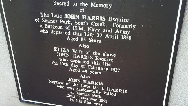 The burial plaque of John Harris at St John’s Cemetery, Parramatta. Picture: Troy Lennon