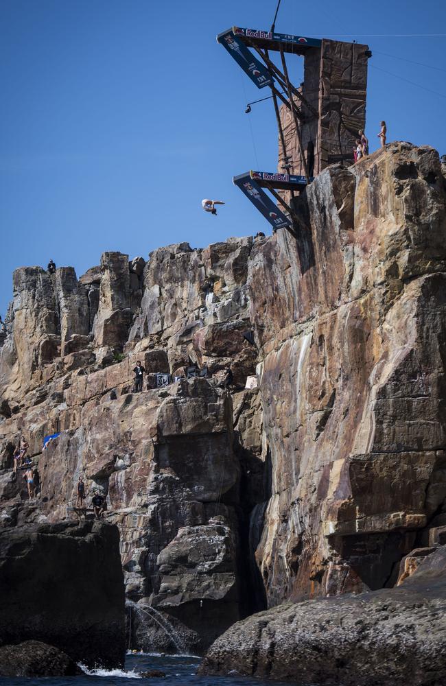 Rachelle Simpson of the USA diving from the 21.5 metre platform during the first competition day of the eighth stop of the Red Bull Cliff Diving World Series at Shirahama, Japan. Picture: AFP PHOTO / RED BULL / Jason HALYAKO