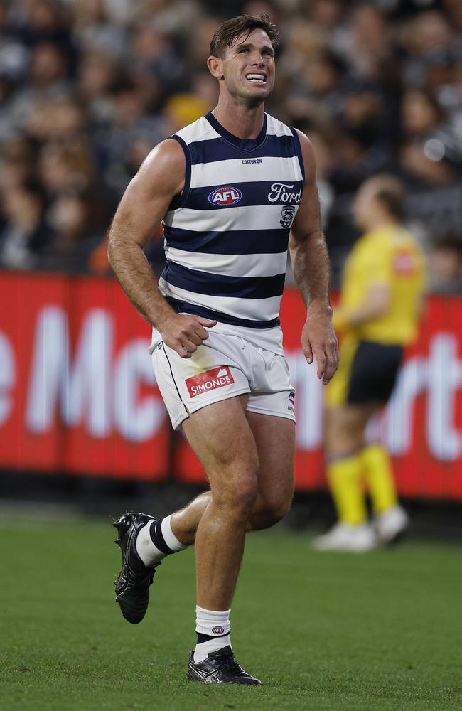 On the ground during the Carlton v Geelong match at the MCG in June – after sustaining a serious foot injury that would leave him sidelined for months. Picture: Michael Klein