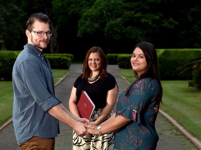 Celebrant Alex Jurgens (centre) with Robert Bessell and Bianca Barbagallo at Queens Gardens. Picture: Evan Morgan