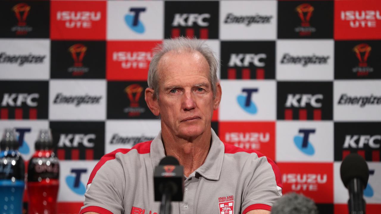 England coach Wayne Bennett talks to the media during a press conference following the 2017 Rugby League World Cup Final