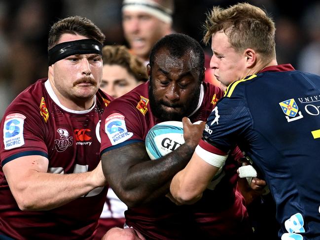 DUNEDIN, NEW ZEALAND - MAY 26: Peni Ravai of the Reds charges forward during the round 14 Super Rugby Pacific match between Highlanders and Queensland Reds at Forsyth Barr Stadium, on May 26, 2023, in Dunedin, New Zealand. (Photo by Joe Allison/Getty Images)