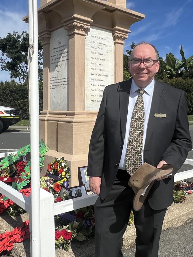 Pastor Neil Johnson at the 2024 Anzac Day service at the Upper Coomera cenotaph. Picture: Keith Woods.