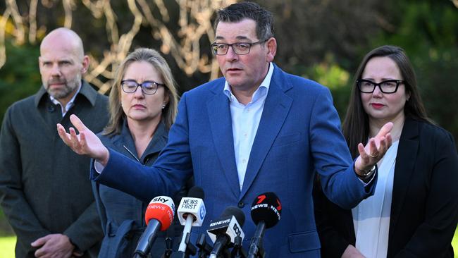 Chief Executive Officer of the Victoria 2026 Commonwealth Games Organising Committee, Jeroen Weimar, Victorian Deputy Premier Jacinta Allan, Victorian Premier Daniel Andrews and Victorian Minister for Regional Development Harriet Shing announce they are cancelling the 2026 Commonwealth Games. Picture: James Ross