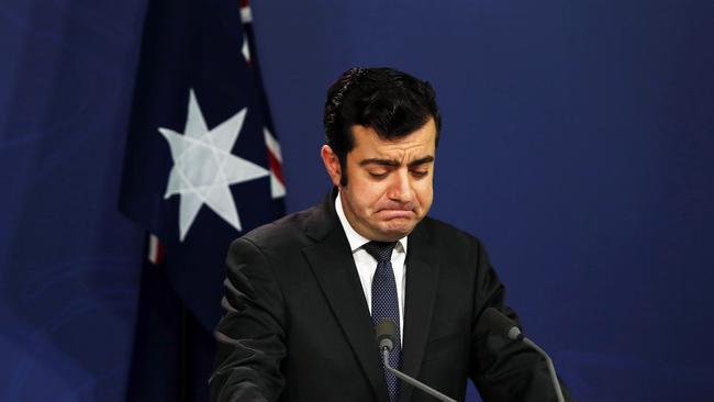 Sam Dastyari announces his resignation from the Senate. Picture: John Feder.