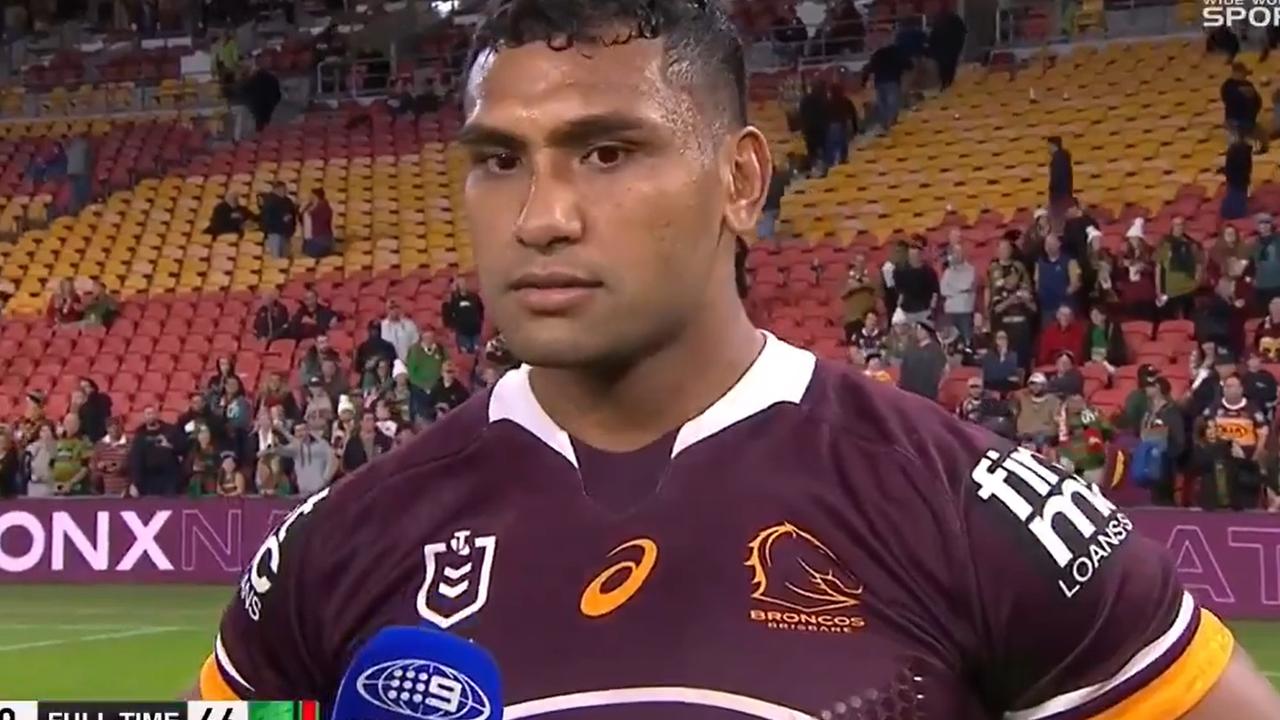 Tevita Pangai's emotional post-match interview. Photo: Channel 9.