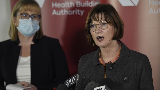 Deputy Premier Jacinta Allan watches as Health Minister Mary-Anne Thomas provides a Covid update. Picture: Andrew Henshaw