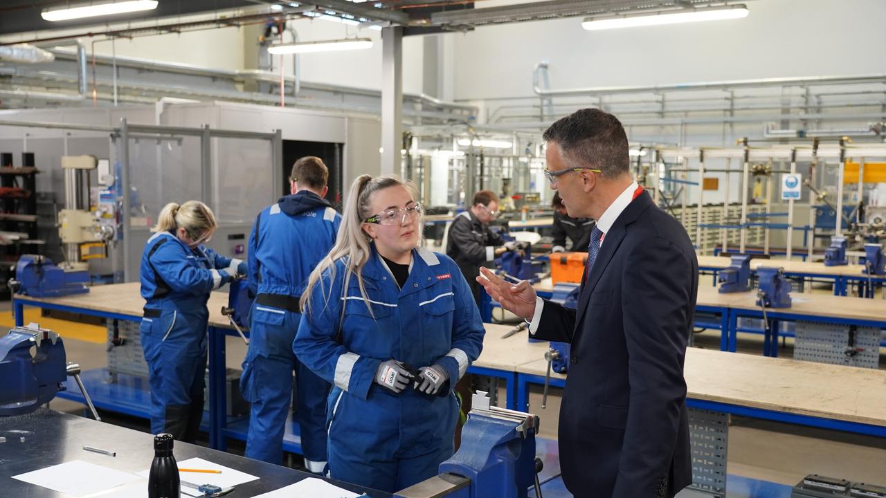 Premier Peter Malinauskas talking to workers at the United Kingdom’s Barrow-in-Furness nuclear submarine shipyard, operated by BAE Systems. Picture: Supplied