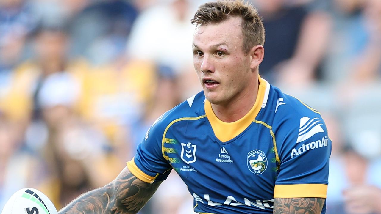 SYDNEY, AUSTRALIA - MARCH 10: J'maine Hopgood of the Eels runs the ball during the round two NRL match between the Parramatta Eels and the Cronulla Sharks at CommBank Stadium on March 10, 2023 in Sydney, Australia. (Photo by Mark Kolbe/Getty Images)