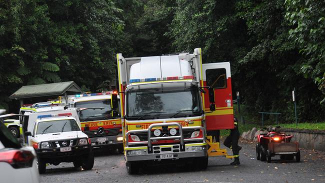 Emergency Services at Josephine Falls where a number of swimmers got stuck on Monday afternoon. PIC: Elisabeth Champion