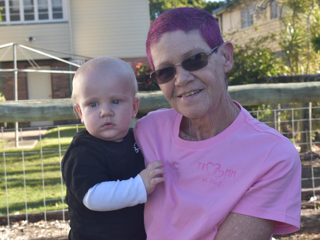 Lisa Burke with grandson Roman Gardner at Norths Chargers' inaugural TBMMBEKIND Day at the Gymmy Grounds, Rockhampton, on July 20, 2024.