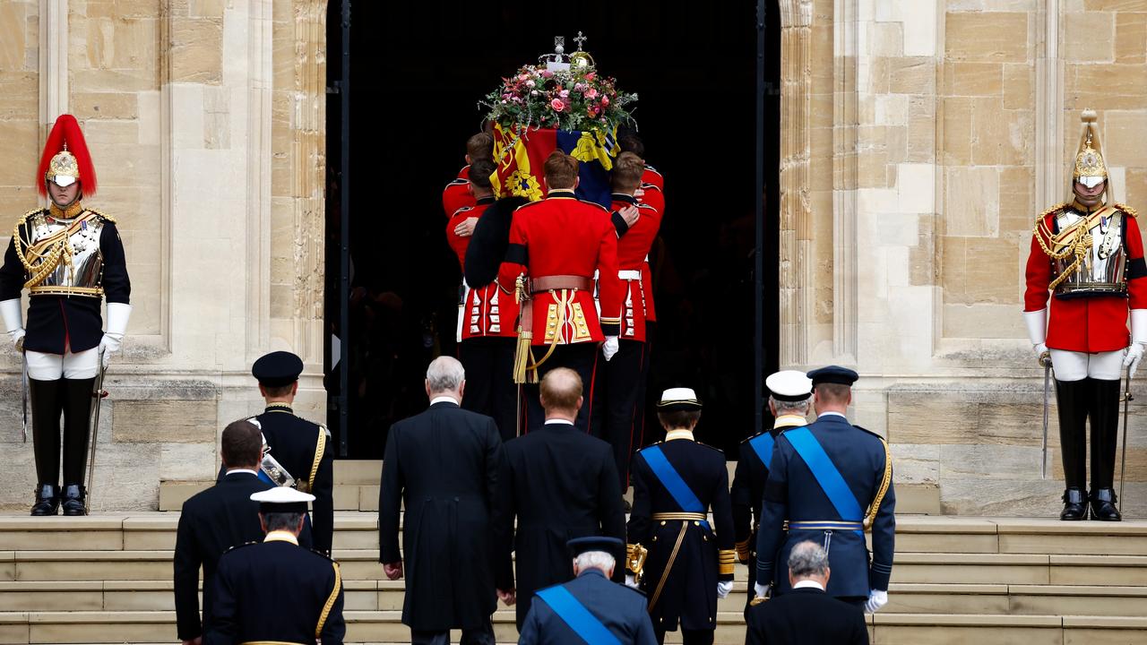 The royal family follow the Queen’s coffin into St George’s Chapel. Picture: Getty Images