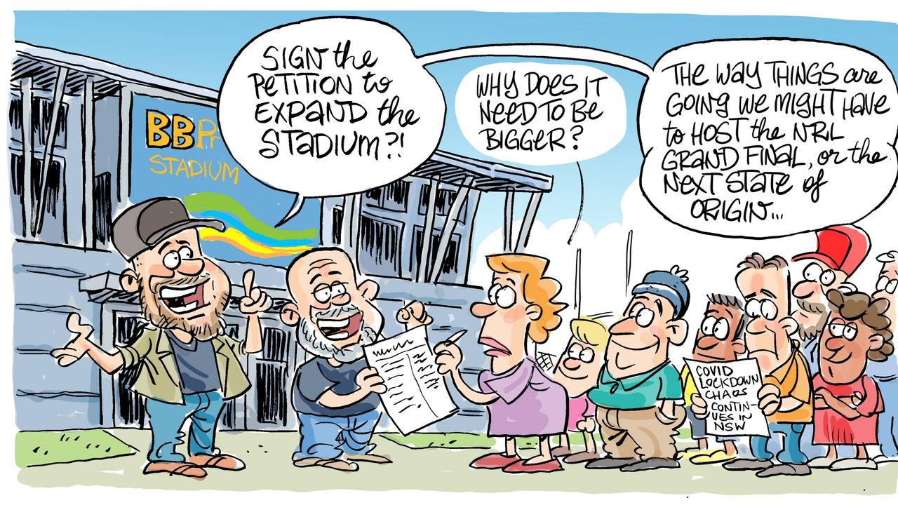 Harry Bruce's take on the Mackay stadium expansion. Today's Harry Bruce cartoon has been brought to you by Dawson MP George Christensen. George is a proud supporter of free speech and the ability of our cartoonists to take the mickey out of the political class. Picture: Harry Bruce