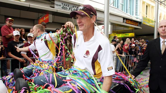 Wayne Bennett and Darren Lockyer during the ticker tape at Queen St Mall in 2006. Picture: Peter Wallis