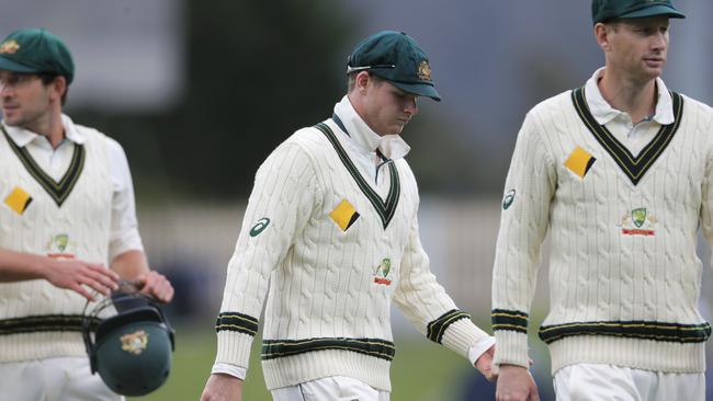 Australian captain Steve Smith walks off after play on day one in Hobart. Picture: Luke Bowden