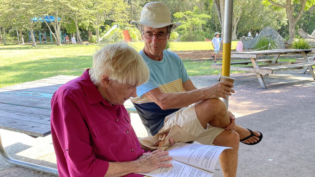 Jan Mangleson, 84, and Gerry Steward, 67, at the Australia Day Mullet Throwing Championship in Ocean Shores on January 26. Picture: Savannah Pocock.