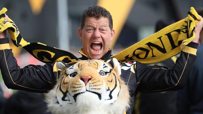 Tiger fan ‘JD’ at Richmond‘s final open training session at Punt Road Oval. Picture: Alex Coppel