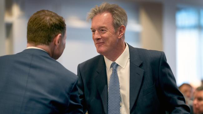 Sir Nick Hine, Managing Director AUKUS and International of Babcock, (R), greeted by Treasurer Stephen Mulligan. Picture: Dean Martin