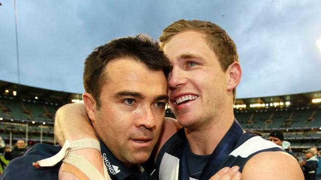 AFL 2011 Grand Final, Collingwood v Geelong at the MCG. Geelong Coach Chris Scott and Joel Selwood after the game.