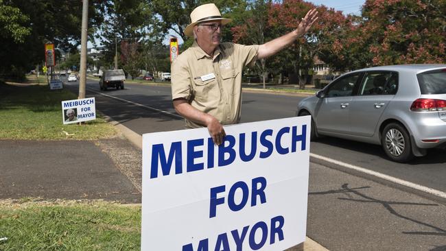 Mayoral candidate Chris Meibusch drums up support on Ruthven St near Downlands on Toowoomba Regional Council local government election day. Picture: Kevin Farmer