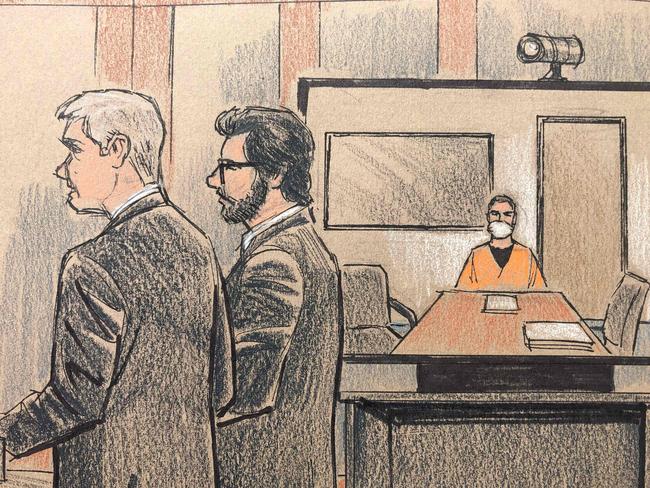 This courtroom sketch shows Prosecutor Matthew Frank, left, and Defence lawyer Eric Nelson standing next to a television screen on which former Minneapolis police officer Derek Chauvin appears by video from a Minnesota state prison. Picture: AFP